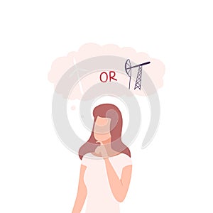 Girl Trying to Make Decision, Environment or Industry, Woman Thinking about Environmental Protection Flat Vector