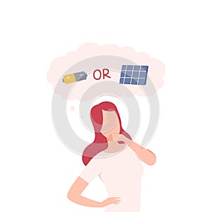 Girl Trying to Make Decision, Renewable Energy, Woman Thinking about Environmental Protection Flat Vector Illustration
