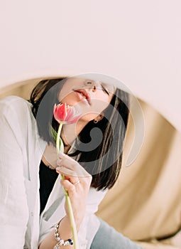 Girl tulip flower mirror reflection romantic day