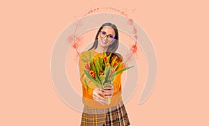 Girl with tulips. International Women's Day. Happy woman in a orange dress with spring flowers. Download photo