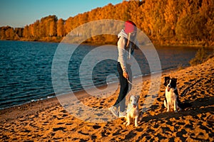Girl with two border collie dog on beach at seaside. autumn yellow forest on background
