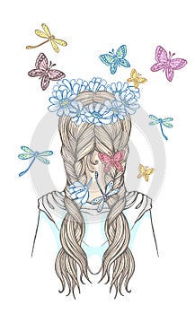 Girl with two braids and wreath of flowers, surrounded by fluttering butterflies. Hand drawn vector outline illustration