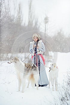 Girl with two greyhounds walking in the winter