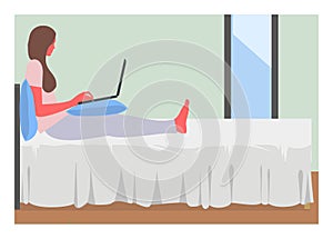 Girl typing laptop in a bedroom. Simple flat illustration.