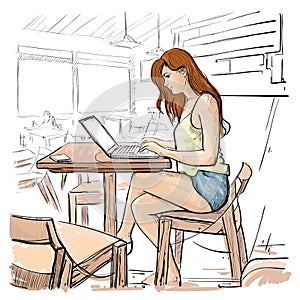 Girl Typing On Laptop Computer, Sketch Young Woman Chatting Online Sitting On Chair Living Room Interior