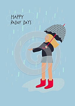 Girl umbrella enjoy rain illustration postcard