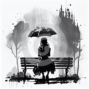 Girl with Umbrella Sitting on a Park Bench on a Foggy Morning, Made with Generative AI
