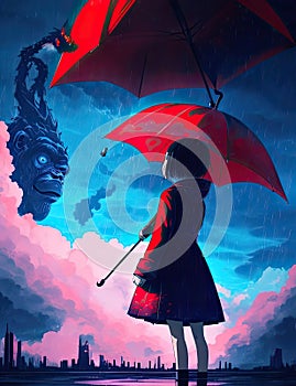 Girl with Umbrella in Urban Skyline