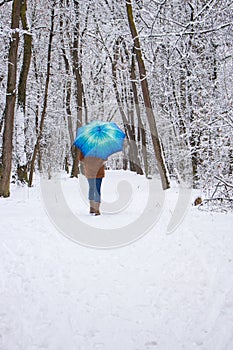 Girl under blue umbrella in snowy forest. Snowfall concept. Woman under wet snow rain in winter park.