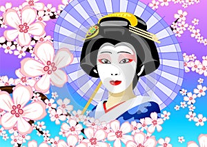 Girl under an umbrella. Geisha. Japan.