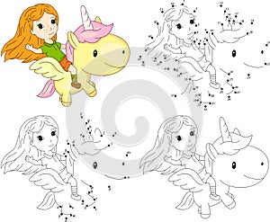Girl and unicorn. Coloring book and dot to dot game for kids