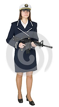 Girl in uniform of the seaman with rifle in hands