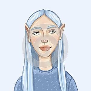 a girl with an unusual appearance, blue hair and elf ears