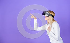 Girl use modern technology vr headset. Digital device modern opportunity. Enthralling interaction virtual reality. Woman