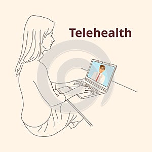 Girl uses distance medicine laptop, telehealth. photo