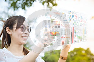 Girl using advance technology of computer hologram air screen display