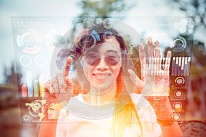 Girl using advance technology of computer hologram air screen display mix media