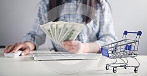 Girl using computer mouse and holding dollars. Online shopping concept