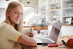 Girl using laptop computer at home