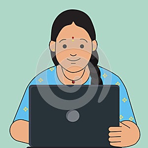 Girl is  using laptop with happy face.
