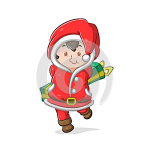 The girl using the Santa Claus costume and holding the long green gift with the