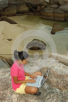 Girl on Vacation Using Laptop Computer Outside