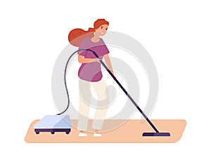 Girl vacuuming. Cute woman doing housework. Flat housewife with vacuum. Isolated female or cleaning worker vector