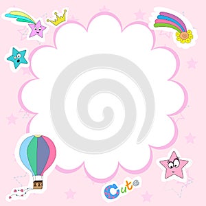 Girl vector frame for text. Banner square with a place for an inscription. Pink girly background with balloon, stars, crown