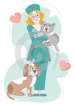 Girl veterinarian doctor with cat and dog. Pet care and health concept for banner, website.