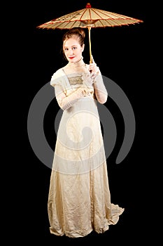 Girl in Victorian dress holding a Chinese umbrella
