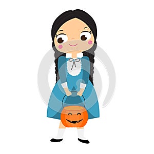 Girl in victorian dress holding pumpkin. Halloween children series