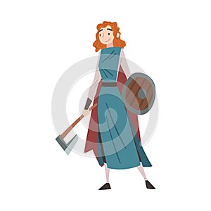 Girl Viking with Battle Axe and Shield, Medieval Female Warrior, Scandinavian Mythology Character in Traditional Dress