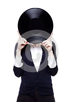 Girl with vinil disc on white background photo