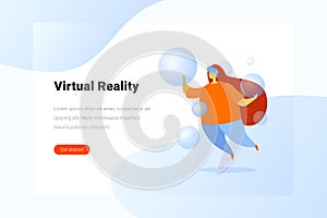 Girl in Virtual Glasses levitating in Virtual Reality space Flat vector illustration