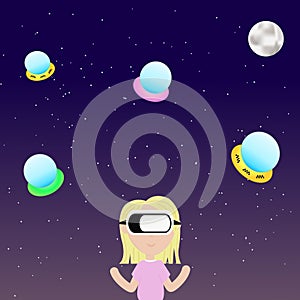 Girl in virtual reality glasses against the background of the starry sky. Vector.