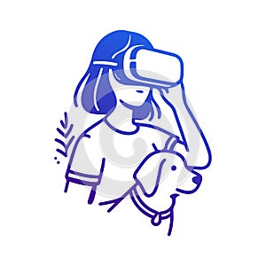 Girl in Virtual Reality Glasses with Dog. Minimalist Linear Flat Illustration
