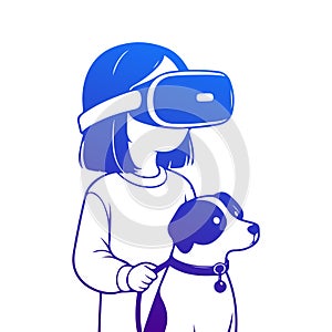 Girl in Virtual Reality Glasses with Dog. Minimalist Linear Flat Illustration