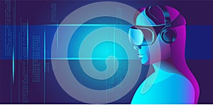 A girl in virtual reality glasses studies data arrays. Vector illustration in neon colors.