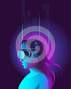 A girl in virtual reality glasses studies data arrays. Vector illustration in neon colors.