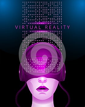 A girl in a virtual reality helmet studies data arrays. Vector illustration in neon colors.