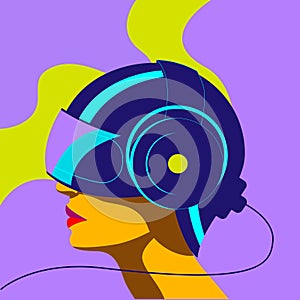 A girl in a virtual reality helmet studies data arrays. Vector illustration in neon colors.