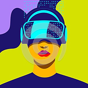 A girl in a virtual reality helmet studies data arrays. Vector illustration in neon colors.