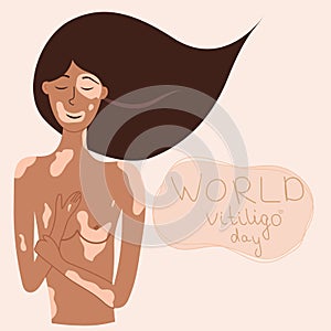 A girl with vitiligo hugs her body. Spot with hand-written inscription World vitiligo day