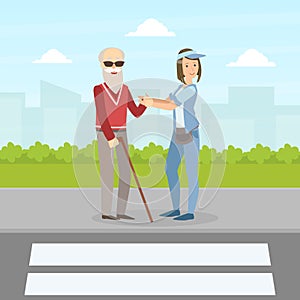 Girl Volunteer Helping Blind Elderly Man to Cross the Road, Volunteering, Charity, Supporting People Concept Vector