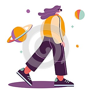 Girl in VR glasses with planets, cartoon style. Concept of virtual reality technology, metaverse. Trendy modern vector