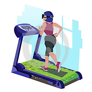 Girl with vr headset running on tradmill of grass - vector