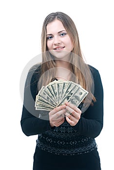 Girl with wad of money in her hands