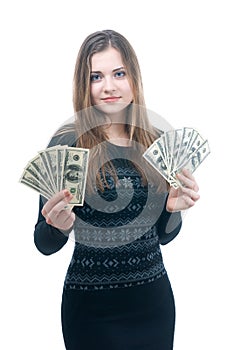 Girl with wad of money in her hands