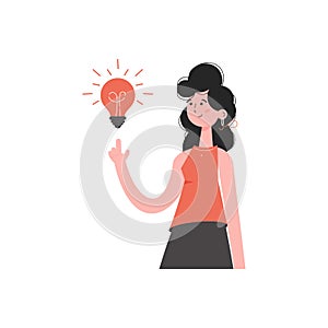 The girl is waist-deep with a light bulb. Isolated. Element for presentations, sites.