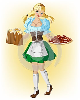 Girl waitress carries beer sausages